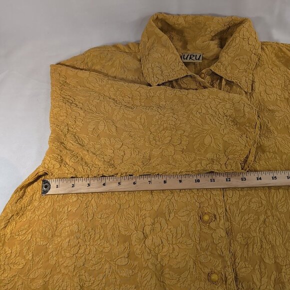 Uru 100% Silk Blouse Yellow Embossed Floral Flowers Button Textured 3/4 sleeve L - Picture 9 of 11